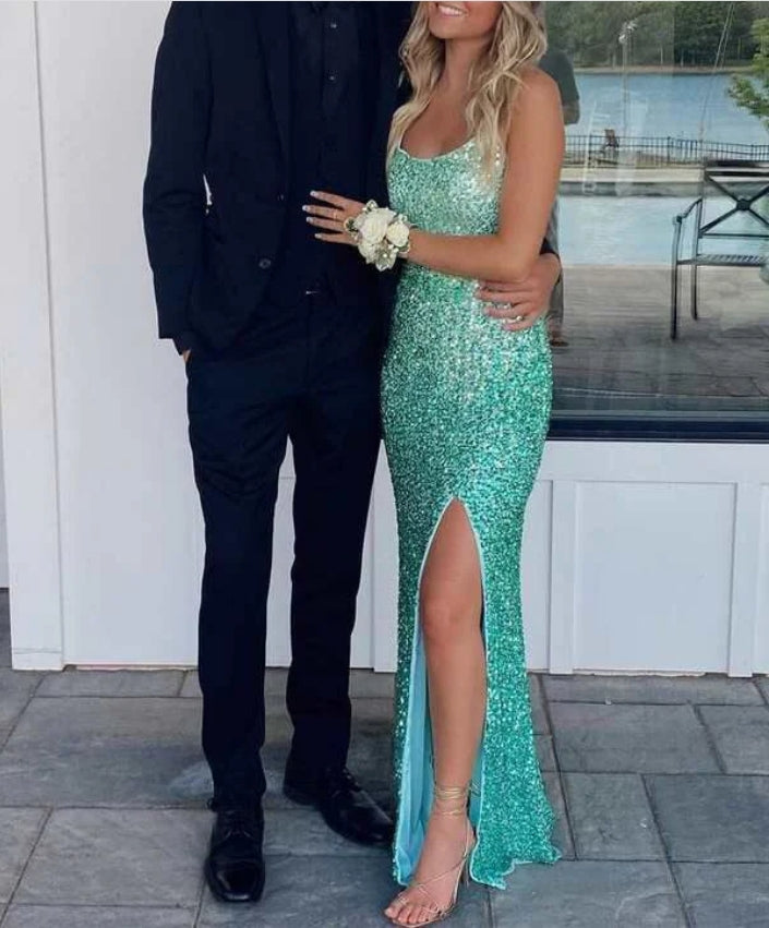 Luolandi Green Sequins Mermaid Long Party Dress with Slit Sparkly Evening Dress Party Dress